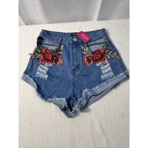 Rehab Women's Floral Embroidered Distressed Cut Out High Rise Jean Shorts Small